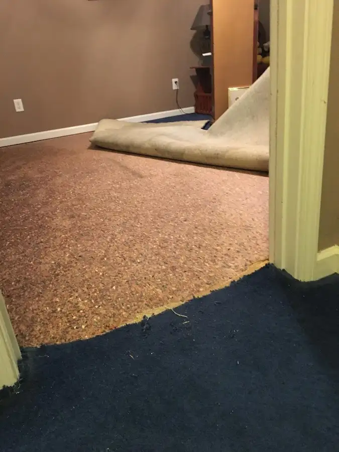 Carpet pad removal revealing water damage during Drying & Dehumidification in Pleasantville